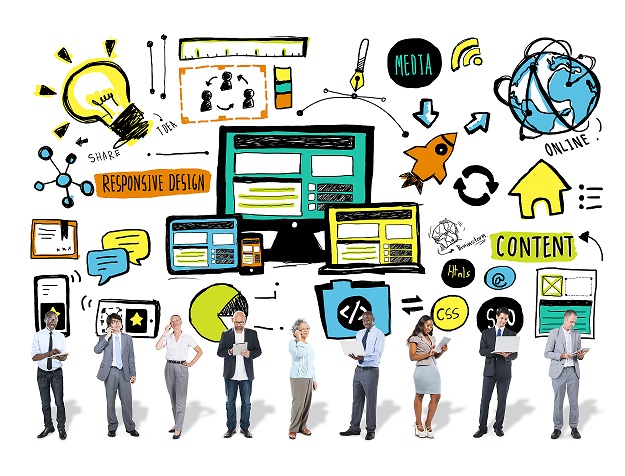 Vector of Web design images (from top left to right) such as a light bulb with texts share and idea, text bubbles, different forms of technological devices, the world with online connections etc.